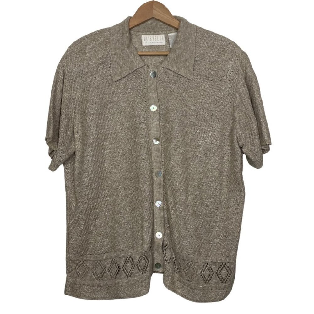 Elisabeth Vintage Linen Blend Button Down Knit Collar Blouse Size: 1X